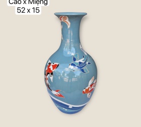 BÌNH HOA CHẤM KHẮC CÁ COI XANH DƯƠNG NHẠT